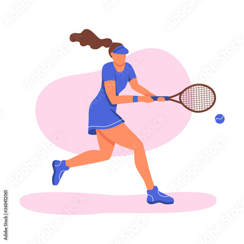 A young woman playing tennis. A flat character. Vector illustration.