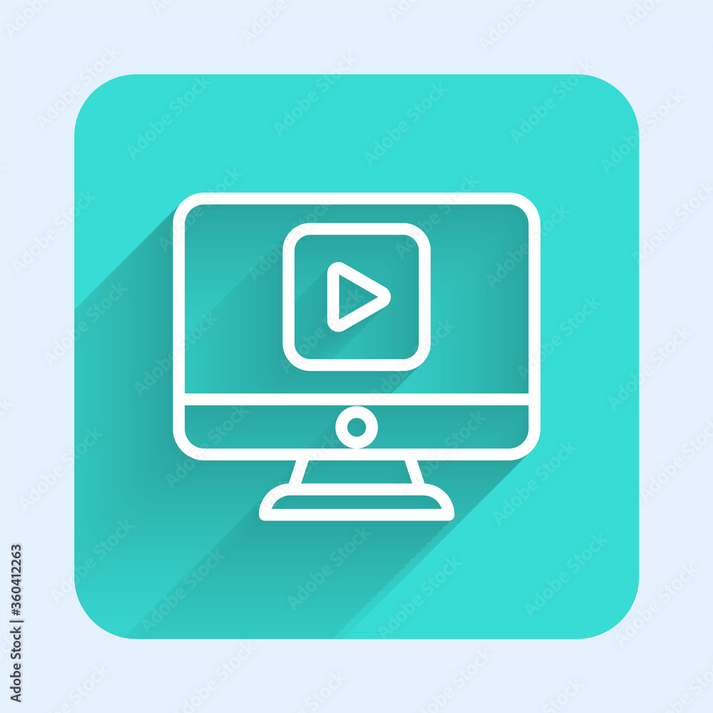 White line Online play video icon isolated with long shadow. Computer monitor and film strip with play sign. Green square button. Vector Illustration. White line Online play video icon isolated with long shadow. Computer monitor and film strip with play sign. Green square button. Vector Illustration.