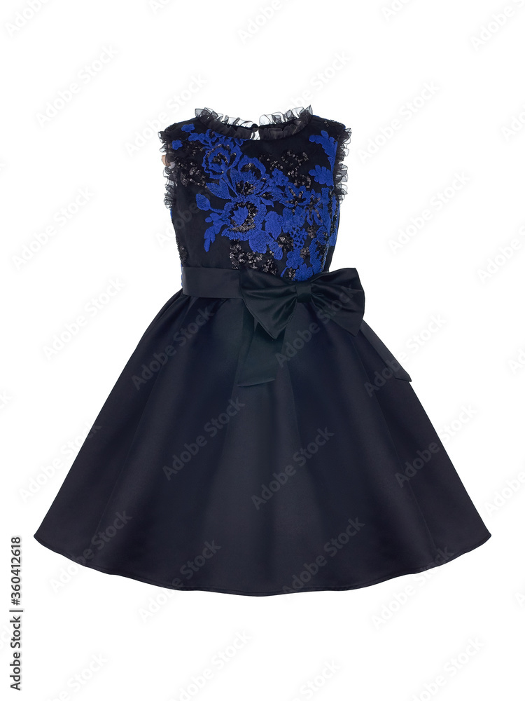 Elegant dress for a girl in black with a blue insert