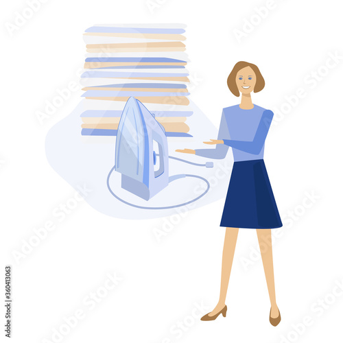 The girl points to a stack of ironed linen. Iron. Vector illustration in flat cartoon style.