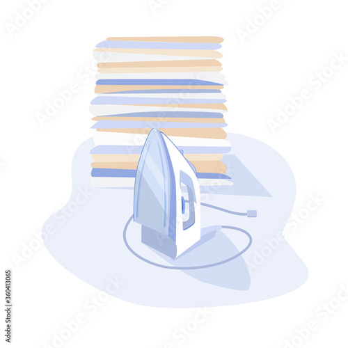 Iron on a background of a stack of ironed linen. Vector illustration.