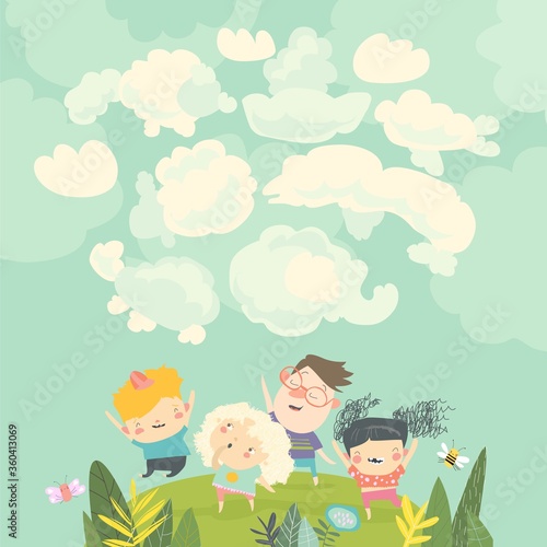 Cartoon happy kids watching clouds in the sky