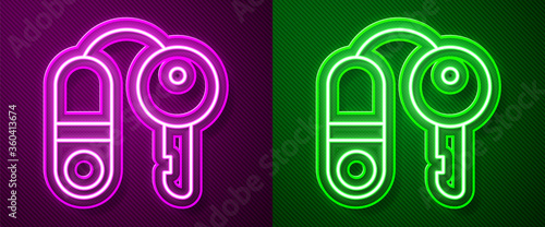 Glowing neon line House with key icon isolated on purple and green background. The concept of the house turnkey. Vector Illustration.