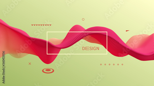 3D wavy background. Array with dynamic emitted particles. A wave formed from many spheres. Abstract vector illustration. Design template. Modern pattern.