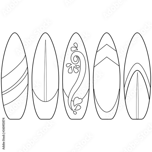 Surfboards collection. Vector black and white coloring page