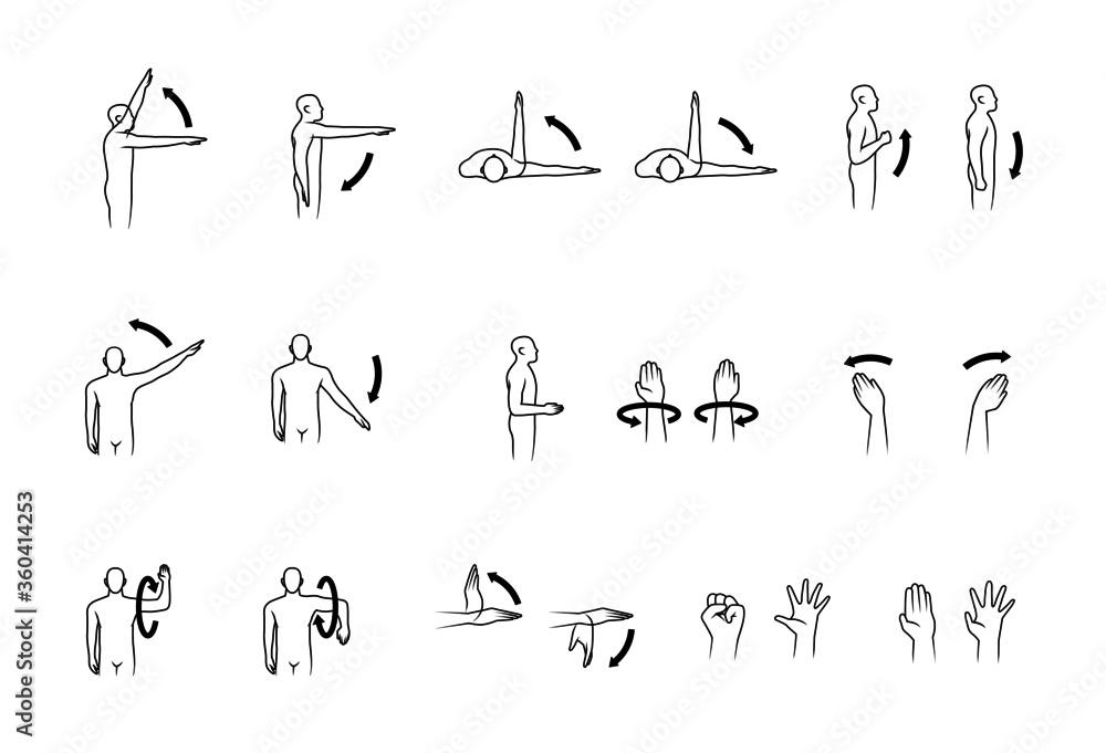 human range of motion, human hand and arm movement icon set Stock