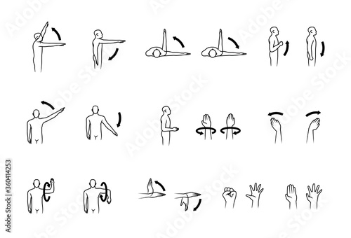 Canvas human range of motion, human hand and arm movement icon set