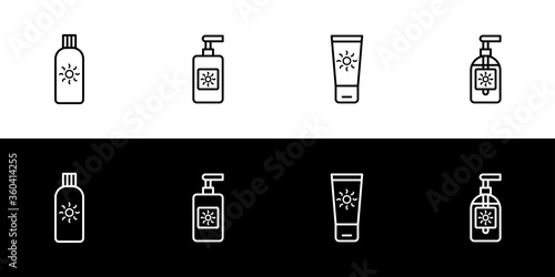 Sunscreen product icon set. Flat design icon collection isolated on black and white background. Lotion, gel, cream, and spray.