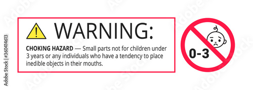 Choking hazard forbidden sign sticker not suitable for children under 3 years isolated on white background vector illustration. Warning triangle, sharp edges and small parts danger.