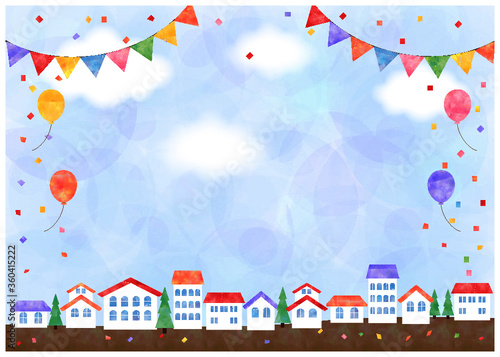 青空とフラッグ　街並　フェスティバル背景