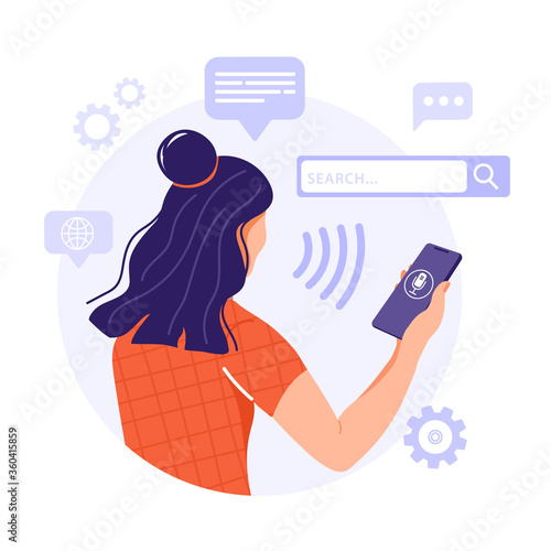 Voice recognition concept. Woman holding smart phone using voice assistant application. Intellectual technology. Vector illustration with icons of social networks.