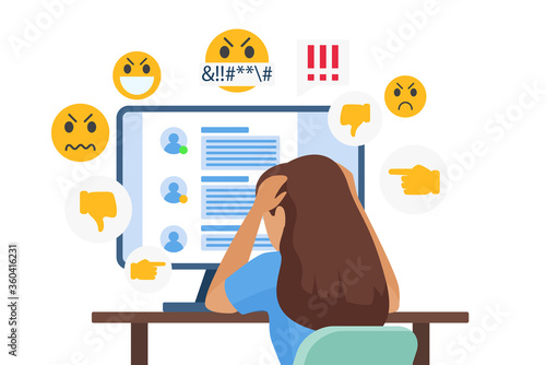 Cyber bullying people vector illustration. Cartoon flat sad young bullied girl character sitting in front of computer with online dislike in social media, cyber bully mockery problem isolated on white
