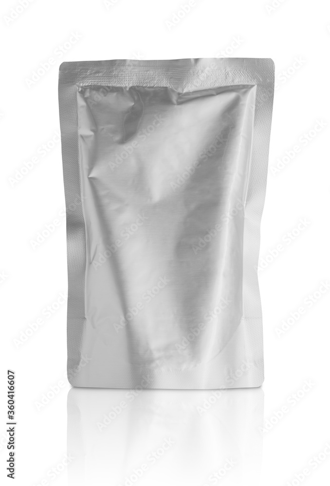 Blank aluminium foil plastic pouch bag sachet packaging mockup isolated on white background with clipping path Blank aluminium foil plastic pouch bag sachet packaging mockup isolated on white background with clipping path