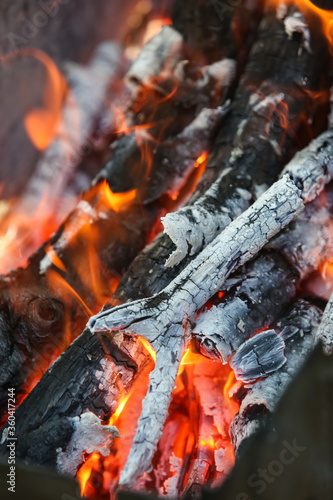  Fire with coals on a picnic . Preparing coals for cooking meat. Outdoor activities.