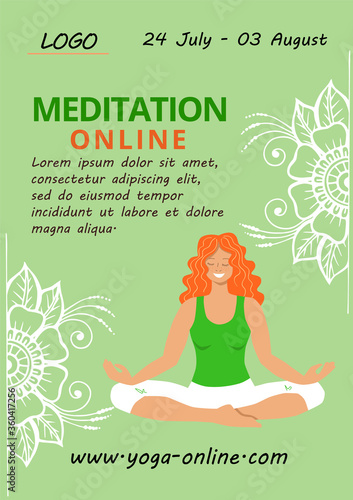 Poster Meditation online template. Redhead girl relaxing in lotus position and mehndi pattern for design. Advertising classes in the studio of yoga and Pilates. Stock vector flat modern illustration.