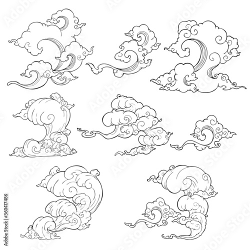illustration Japanese cloud or Chinese cloud oriental style vector collection set with white background 