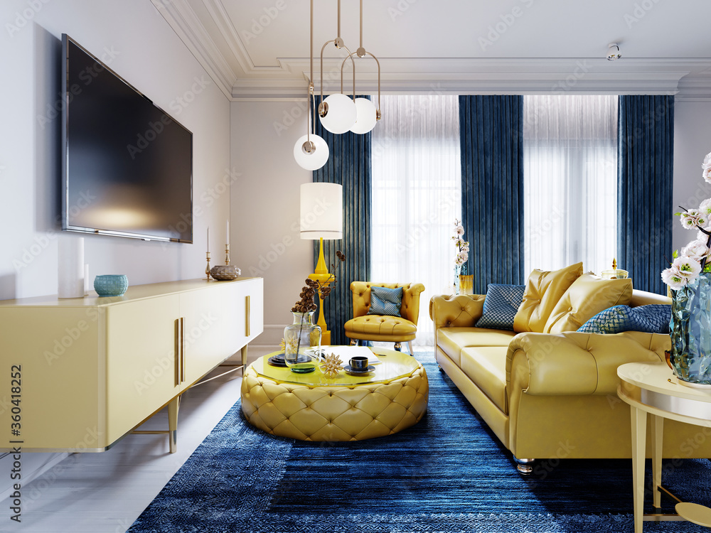 Luxurious fashionable living room with yellow upholstered furniture and  blue carpet and decor, white walls. ilustración de Stock | Adobe Stock