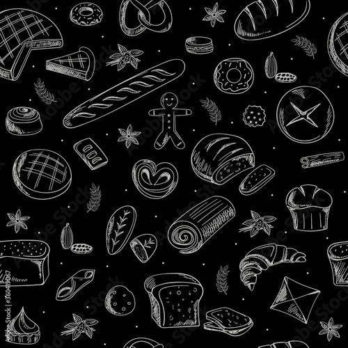 vector pattern with Doodle-style pastries. bakery design over black background vector illustration