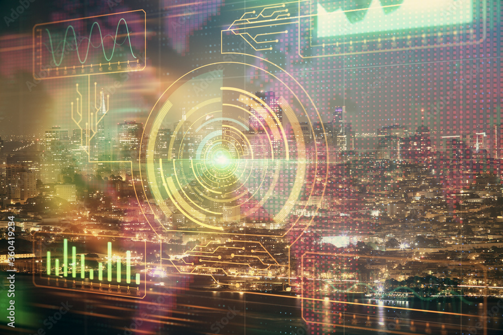 Data theme hologram drawing on city view with skyscrapers background multi exposure. Ai concept. Data theme hologram drawing on city view with skyscrapers background multi exposure. Ai concept.