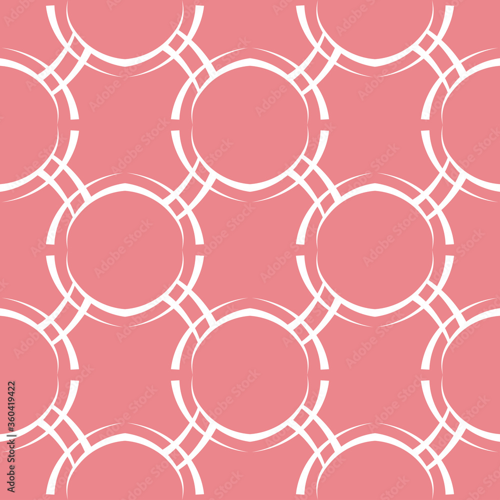 Geometric seamless background. White round pattern on pink background