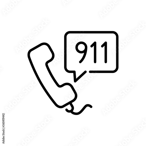 Concepto llamada de emergencia. Icono plano lineal auricular de teléfono con número 911 en burbuja de habla en color negro