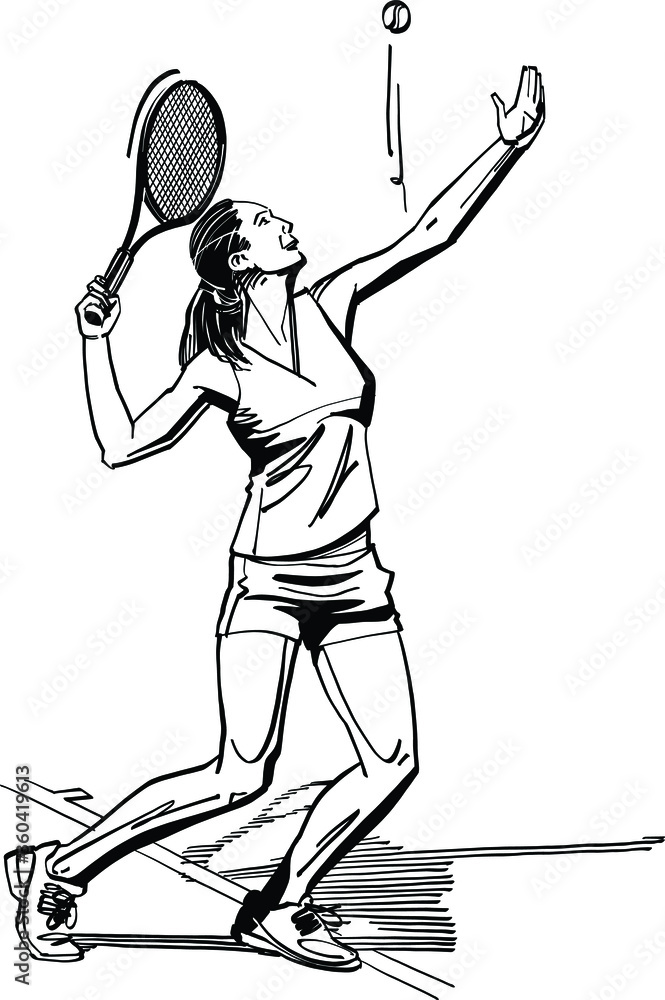 black and white cartoon illustration of a tennis player Stock Vector ...