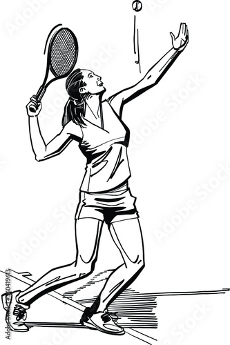 black and white cartoon illustration of a tennis player