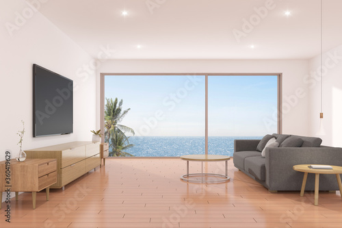 Modern living room with TV screen on sea background. © nuchao