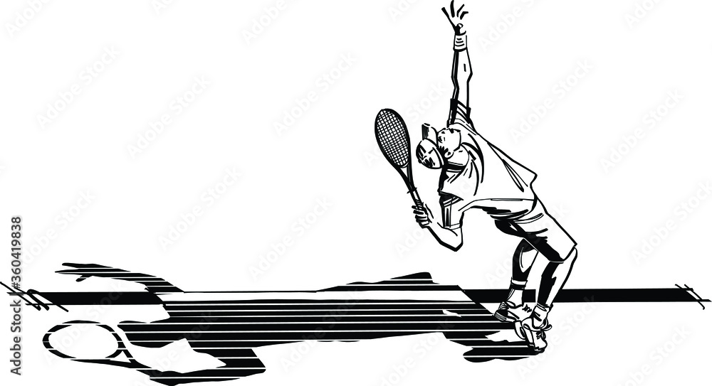 black and white cartoon illustration of a tennis player Stock Vector ...