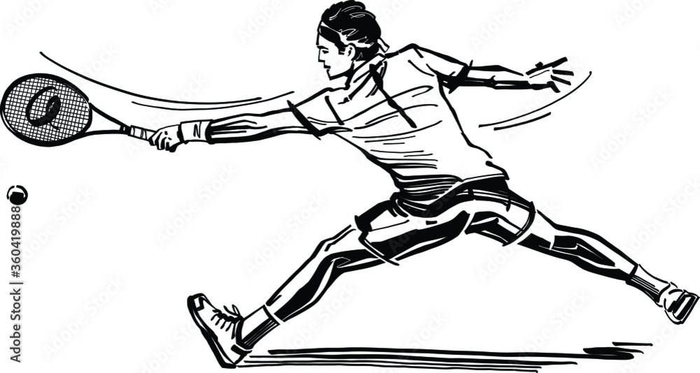 black and white cartoon illustration of a tennis player Stock Vector ...
