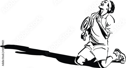 black and white cartoon illustration of a tennis player