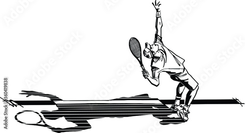 black and white cartoon illustration of a tennis player