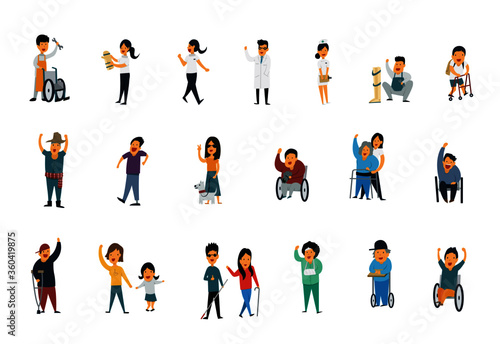 cartoon character design, hospital staff, disability people flat design set