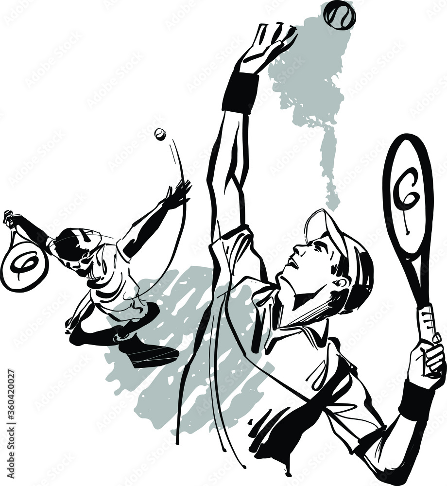 black and white cartoon illustration of a tennis player Stock Vector ...