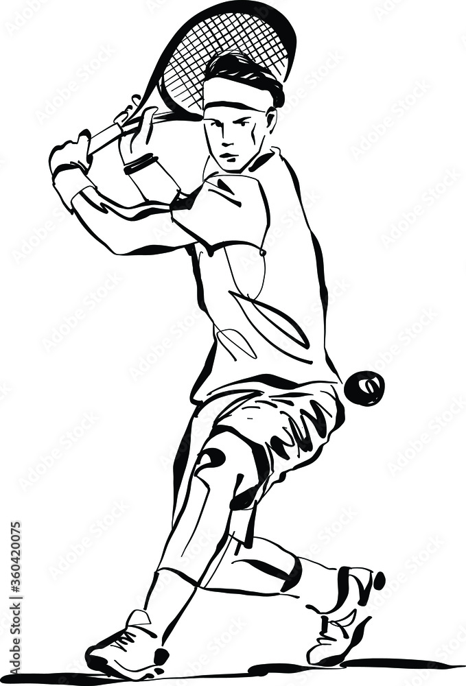 black and white cartoon illustration of a tennis player