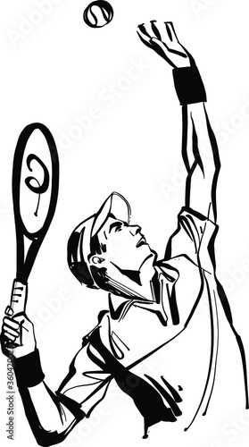 black and white cartoon illustration of a tennis player