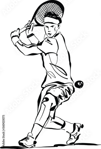 black and white cartoon illustration of a tennis player