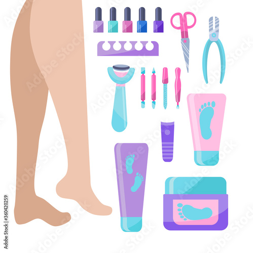 Vector illustration of beautiful slender female legs.Set of pedicure tools, foot creams isolated on a white background.Vector illustration of accessories for the beauty of women's legs.Cartoon style