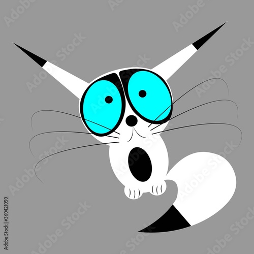 Cute kitten of white color with black spots and big eyes on a gray background. Black and white. Vector, hand drawing. Pattern can be applied for cartoon, postcard, wallpaper background or pattern.