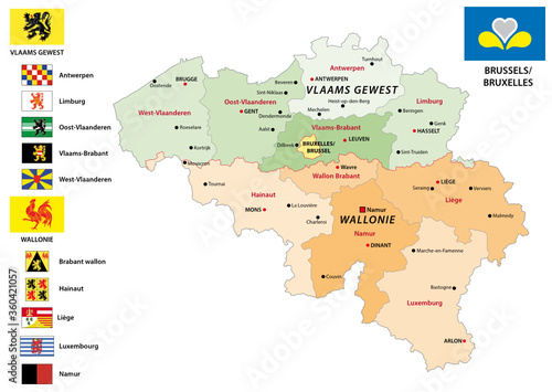 belgium administrative and political vector map with flags