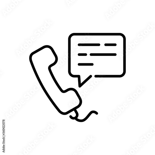 Concepto sms. Icono plano lineal auricular de teléfono con burbuja de habla con mensaje de texto en color negro