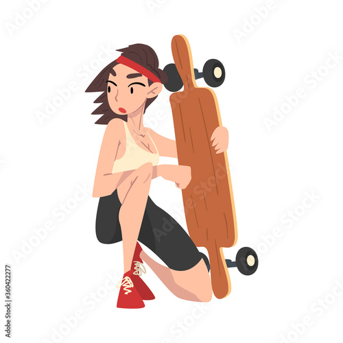 Girl Skateboarder with Skateboard, Extreme Hobby or Sport Cartoon Style Vector Illustration