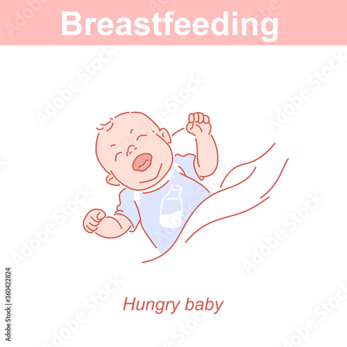 Hungry newborn baby crying. Signs of hunger. Breastfeeding. 