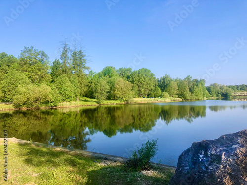 beautiful smooth lake. on the shore grow large trees  clearings for recreation and a picnic. The water reflects the sky and trees  bushes  on the shore lies a large stone. early morning. 