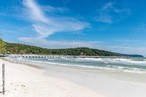 old wooden pier, Saracen bay beach, Koh Rong Samloem island, Sihanoukville, Cambodia.