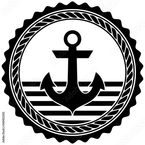 Nautisches Steuerrad Symbol mit Anker in schwarz als Vektor auf einem isolierten weißen Hintergrund.