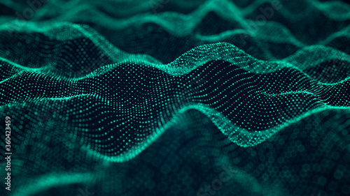 Abstract digital background. Music green wave background. Big data visualization. 3d rendering. Communication And technology Network background with moving dots