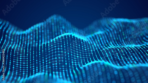 Abstract digital background. Music blue wave background. Big data visualization. 3d rendering. Communication And technology Network background with moving dots