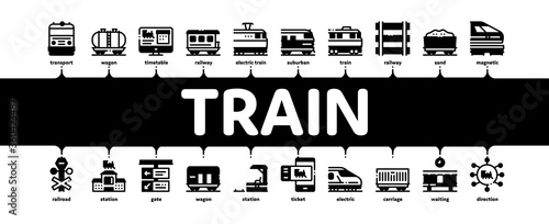 Train Rail Transport Minimal Infographic Web Banner Vector. Electrical Passenger And Freight Train, Railway Station And Platform, Carriage And Ticket Illustration