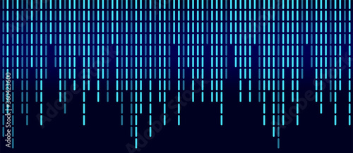 Sound wave pattern. Modern music design element isolated on black background. Blockchain network concept. Matrix coded background. Dynamic wave equalizer.